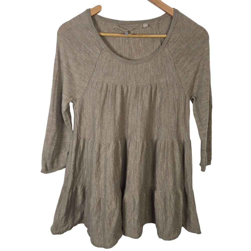 Knitted & Knotted Anthropologie Tan Wool Tiered Babydoll Tunic Sweater‎ Large